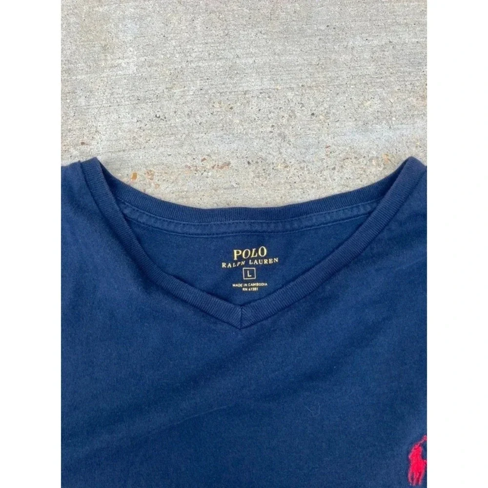 Polo Ralph Lauren T-Shirt Men's L Navy Red Short Sleeve V Neck Pony Cotton Vtg